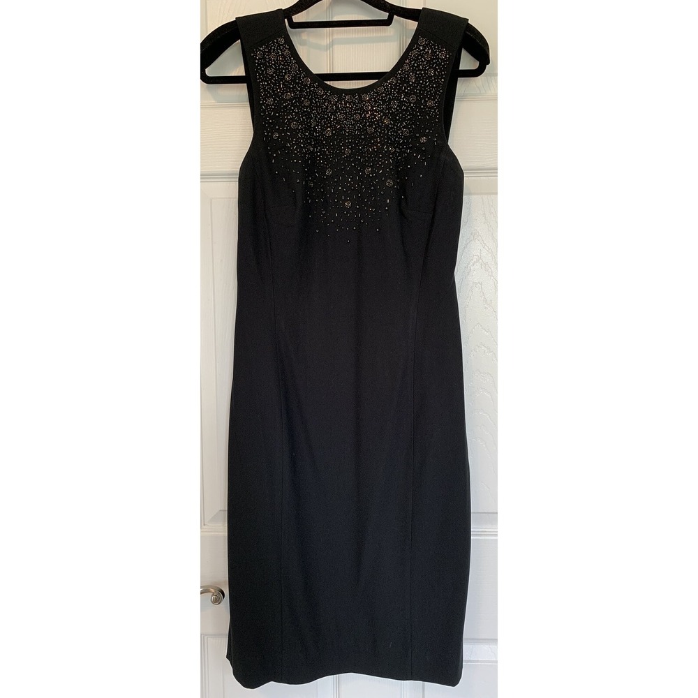 Vintage LBD Liz Claiborne Night Black Beaded Cocktail Party Midi Dress Size 8